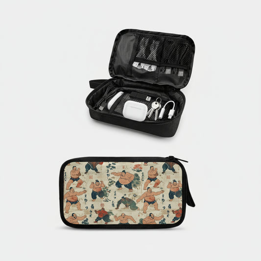 Small zippered tech organizer pouch with vintage Japanese Sumo wrestler art pattern.