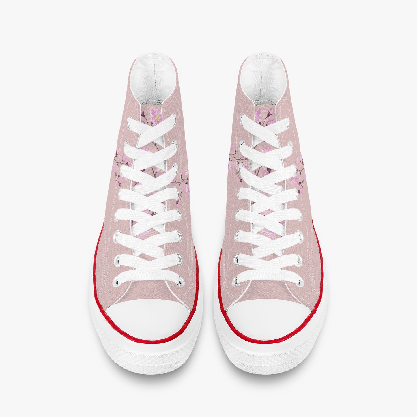 Pink high-top sneakers with white laces on a white background