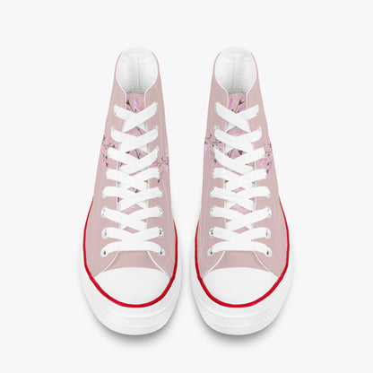Pink high-top sneakers with white laces on a white background