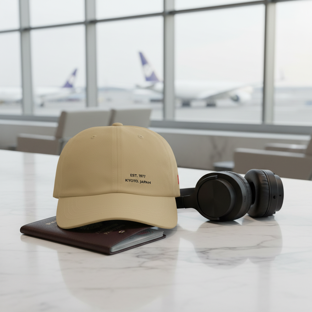 Beige cap and black headphones on a marble surface with an airport terminal background