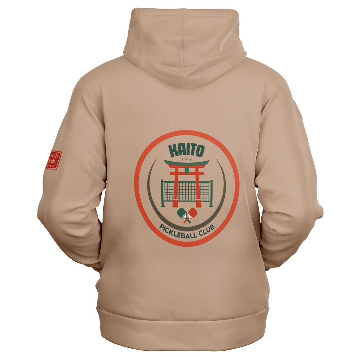 A beige pullover hoodie shown from the back, featuring a large circular graphic on the center back with a red torii gate, pickleball court, and the text 'HAITO PICKLEBALL CLUB'. A small red graphic is visible on the left sleeve.