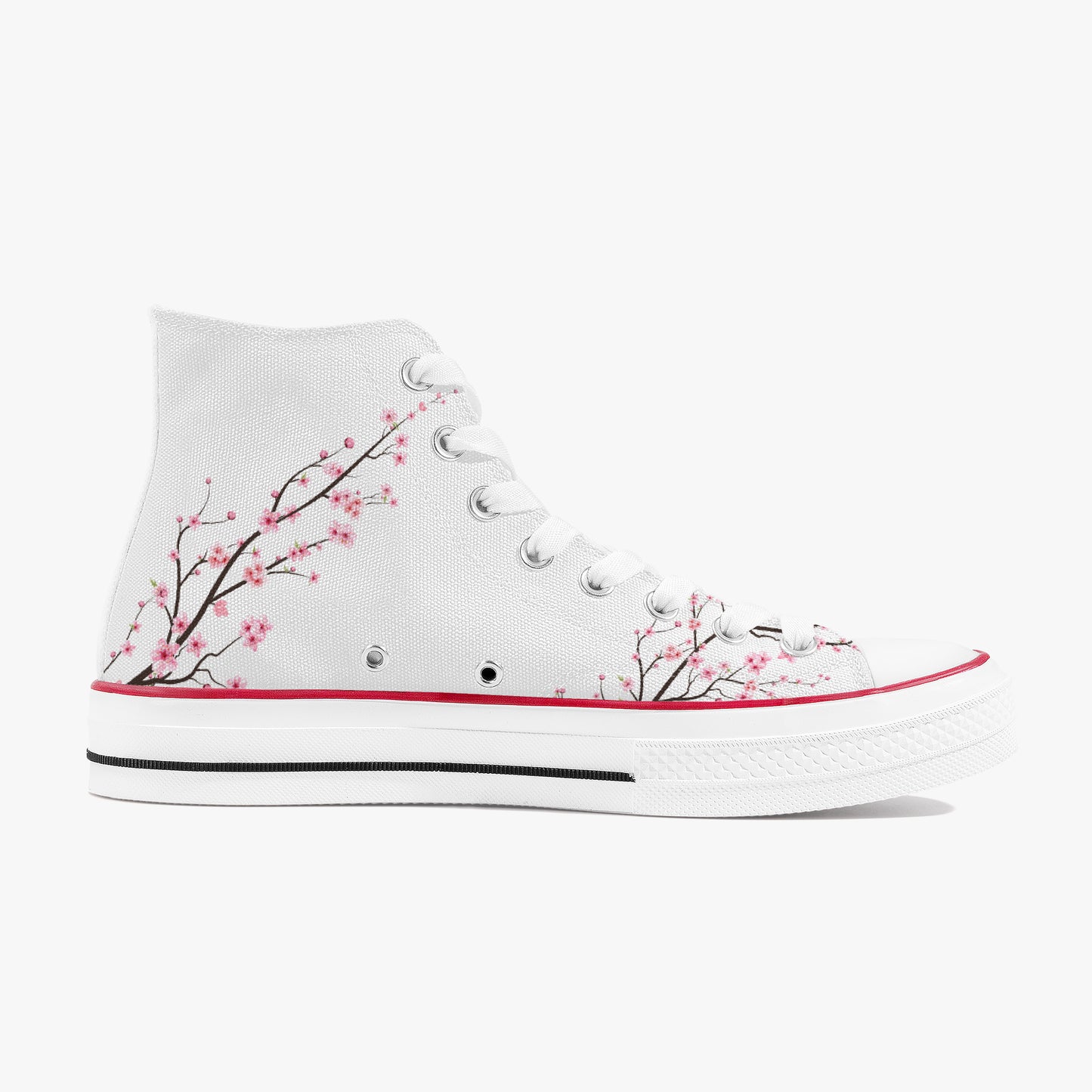 White high-top sneaker with cherry blossom design on a white background