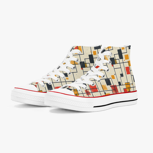 High-top sneakers with a geometric pattern on a white background