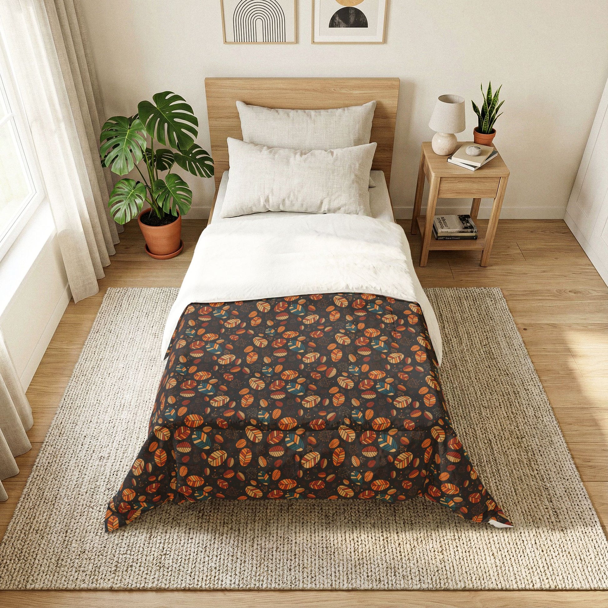 Bedroom with a bed featuring a green floral patterned duvet cover.