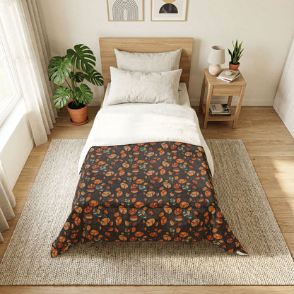 Bedroom with a bed featuring a green floral patterned duvet cover.