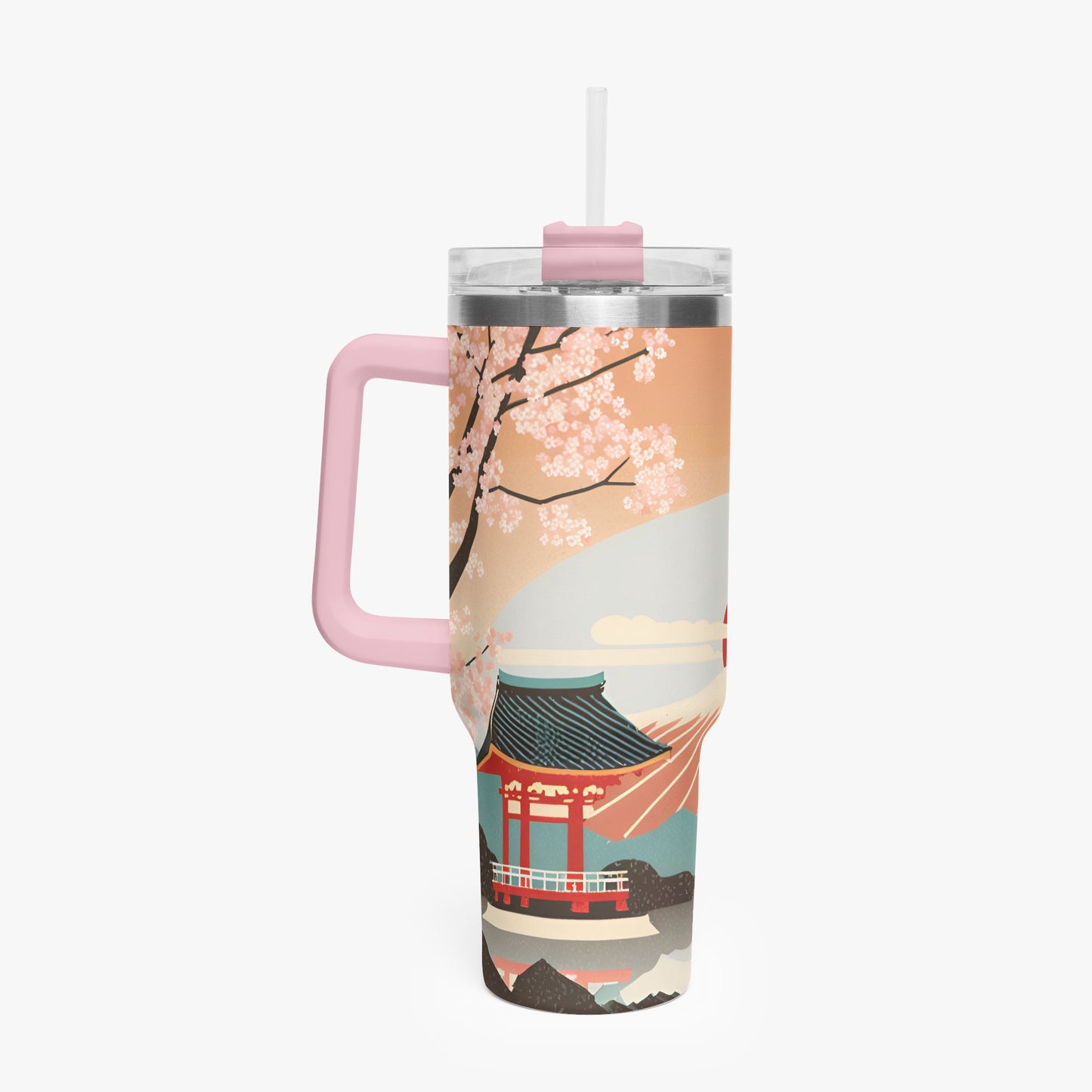 Sunrise Temple Car Tumbler Cup Pink Handle