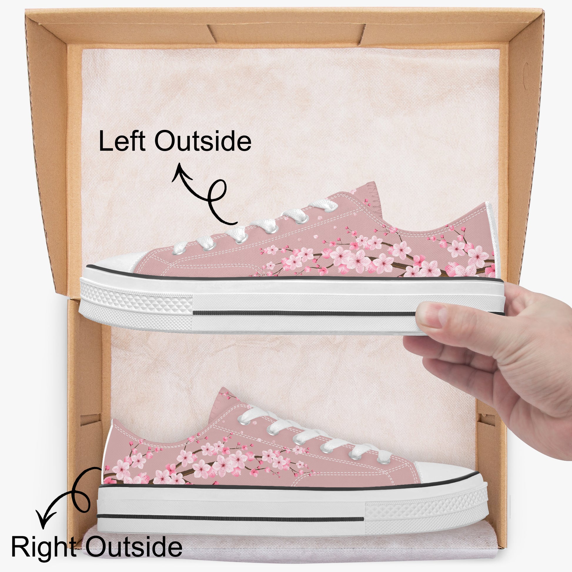Pink sneakers with floral design inside a cardboard box, labeled 'Left Outside' and 'Right Outside'.