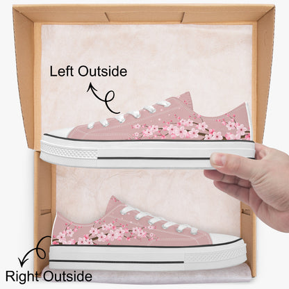 Pink sneakers with floral design inside a cardboard box, labeled 'Left Outside' and 'Right Outside'.