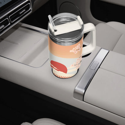 Sunrise Temple Car Tumbler Cup Cream White Handle