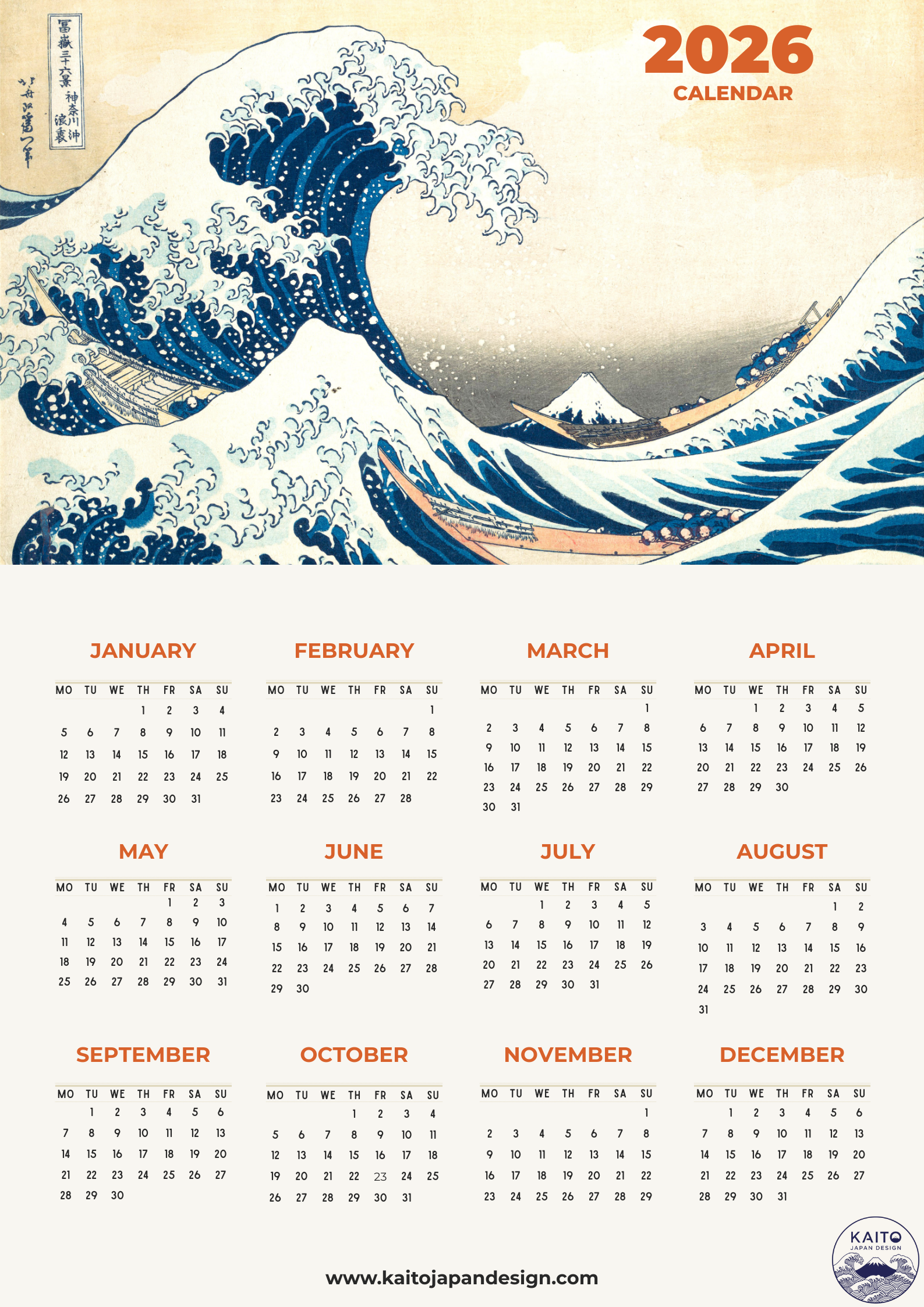 Calendar with 'The Great Wave' design by Katsushika Hokusai, featuring the wave and Japanese text.