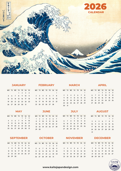 Calendar with 'The Great Wave' design by Katsushika Hokusai, featuring the wave and Japanese text.