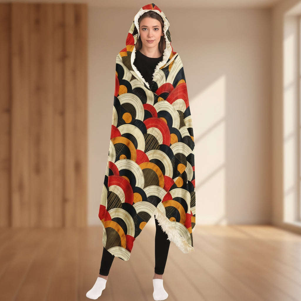 Person wearing a colorful patterned hooded blanket on a white background