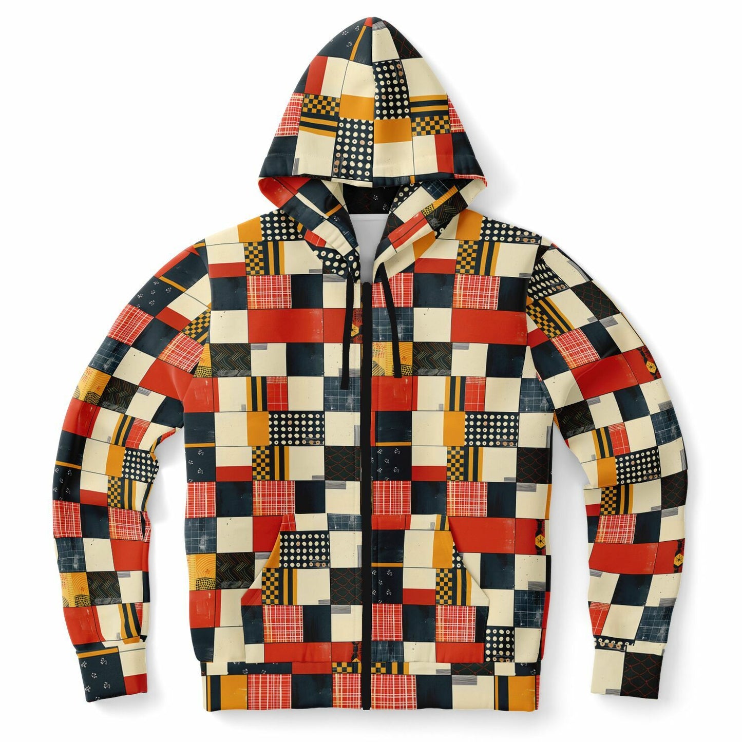 Colorful patchwork hoodie on a white background