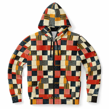 Colorful patchwork hoodie on a white background