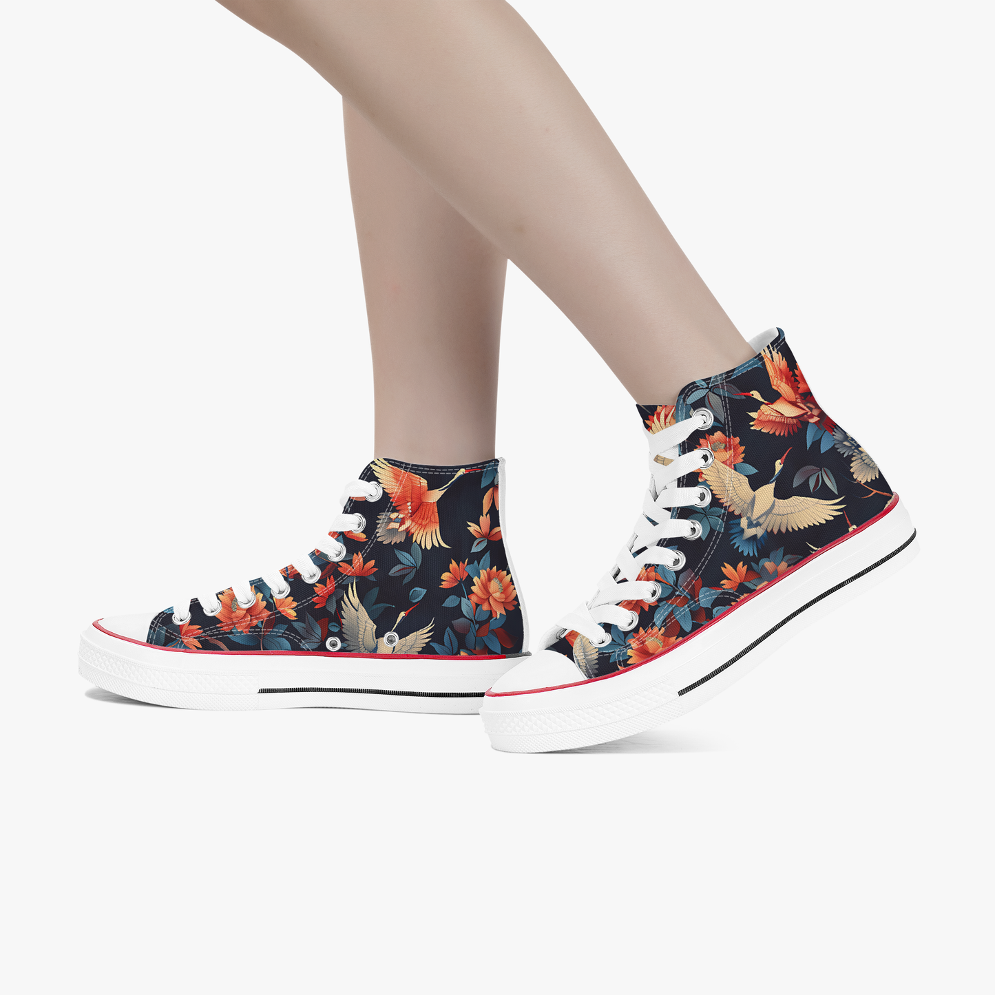 High-top sneakers with floral and bird design on a white background