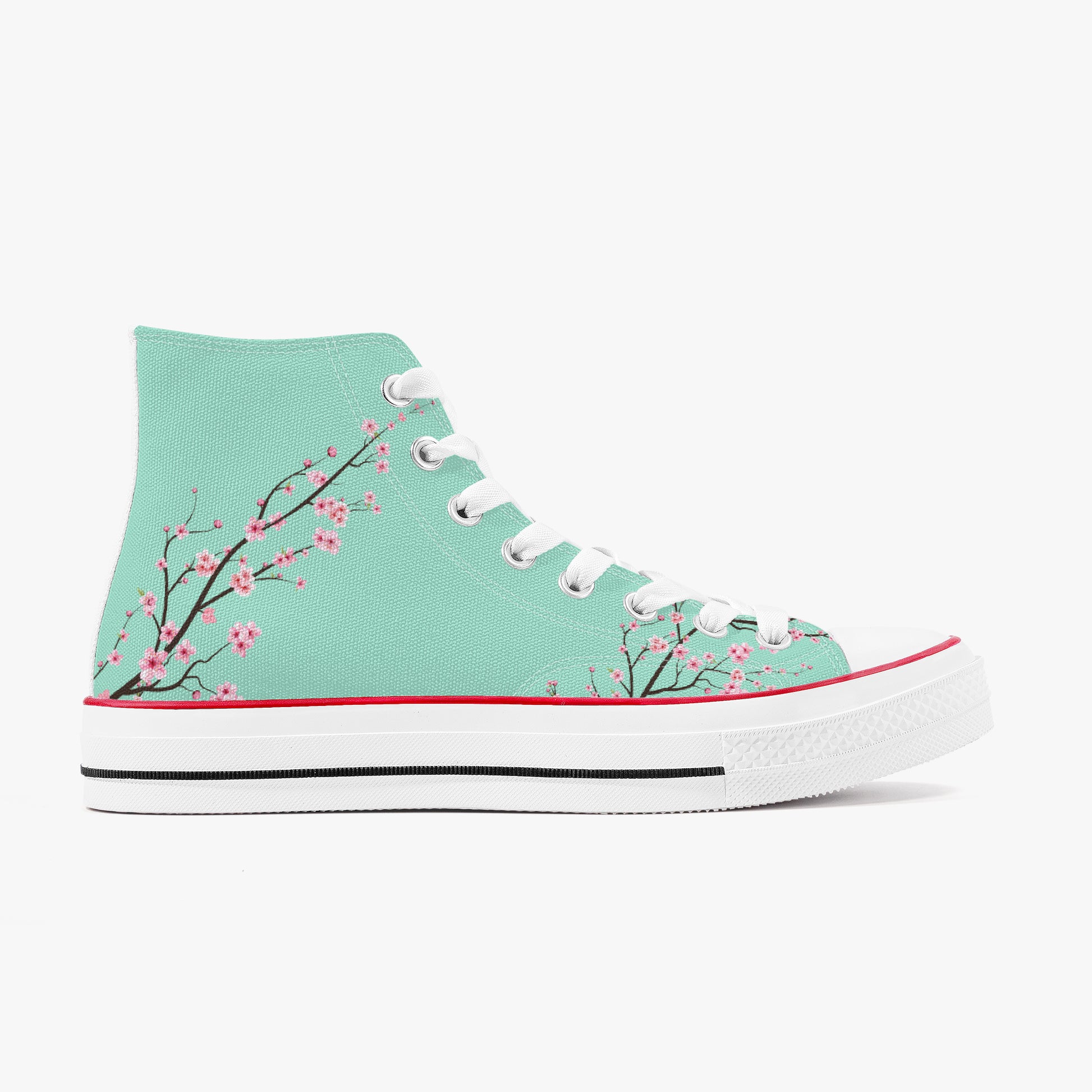 Mint green high-top sneaker with cherry blossom design on a white background