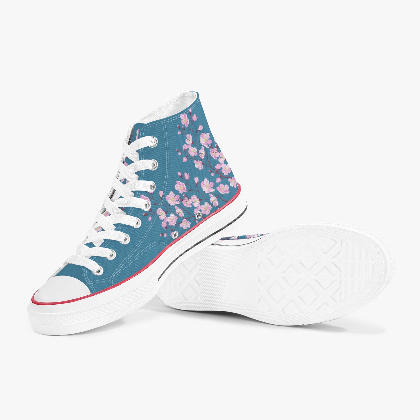 Blue high-top sneakers with pink floral pattern on a white background