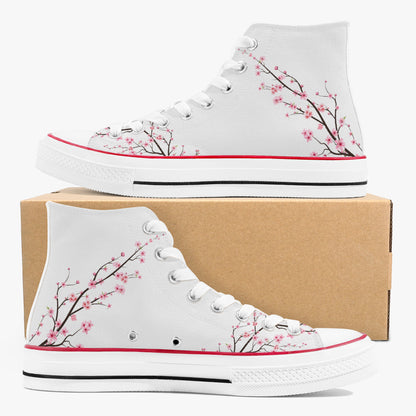White high-top sneakers with cherry blossom design on a white background