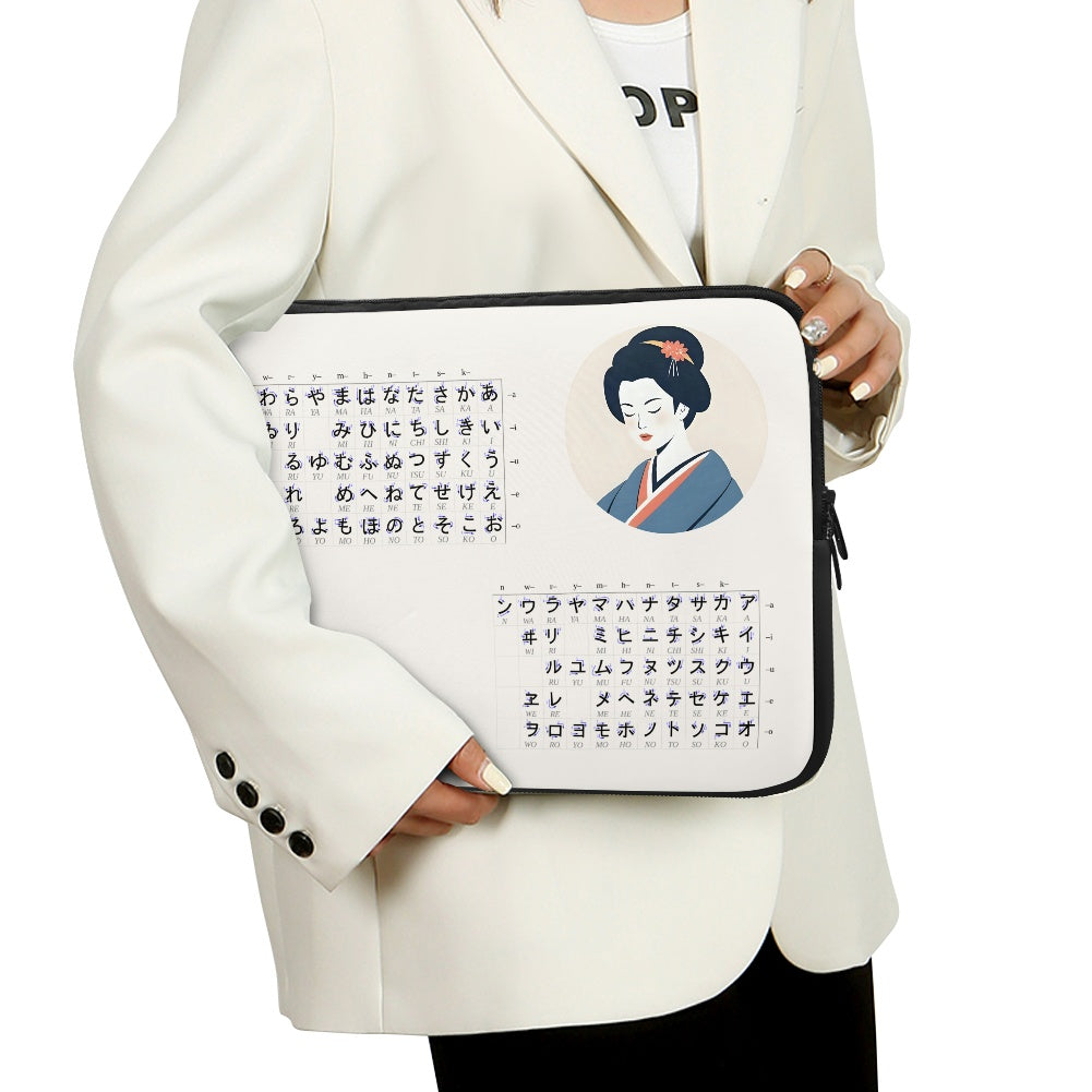 Person holding a laptop sleeve with a design of a geisha and hiragana.