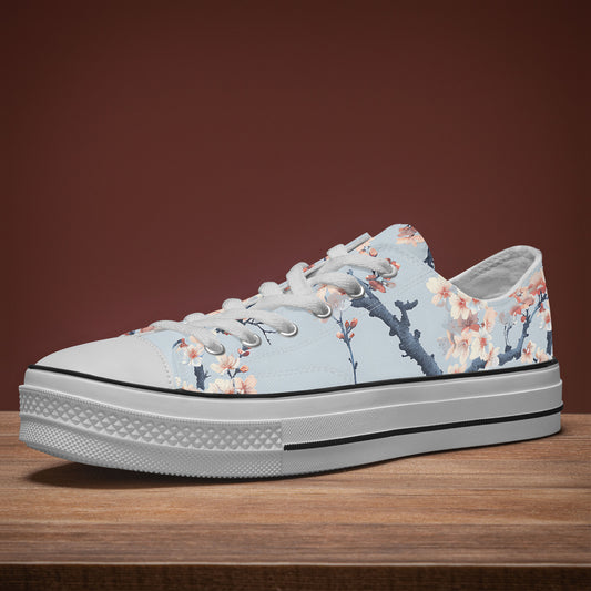 Floral patterned sneaker on a wooden surface with a brown background