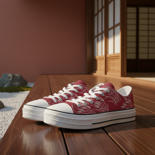 A pair of red low-top canvas sneakers with a white palm leaf pattern, white laces, and white rubber toe caps and midsoles, displayed on a dark wooden table in a Japanese-style room.