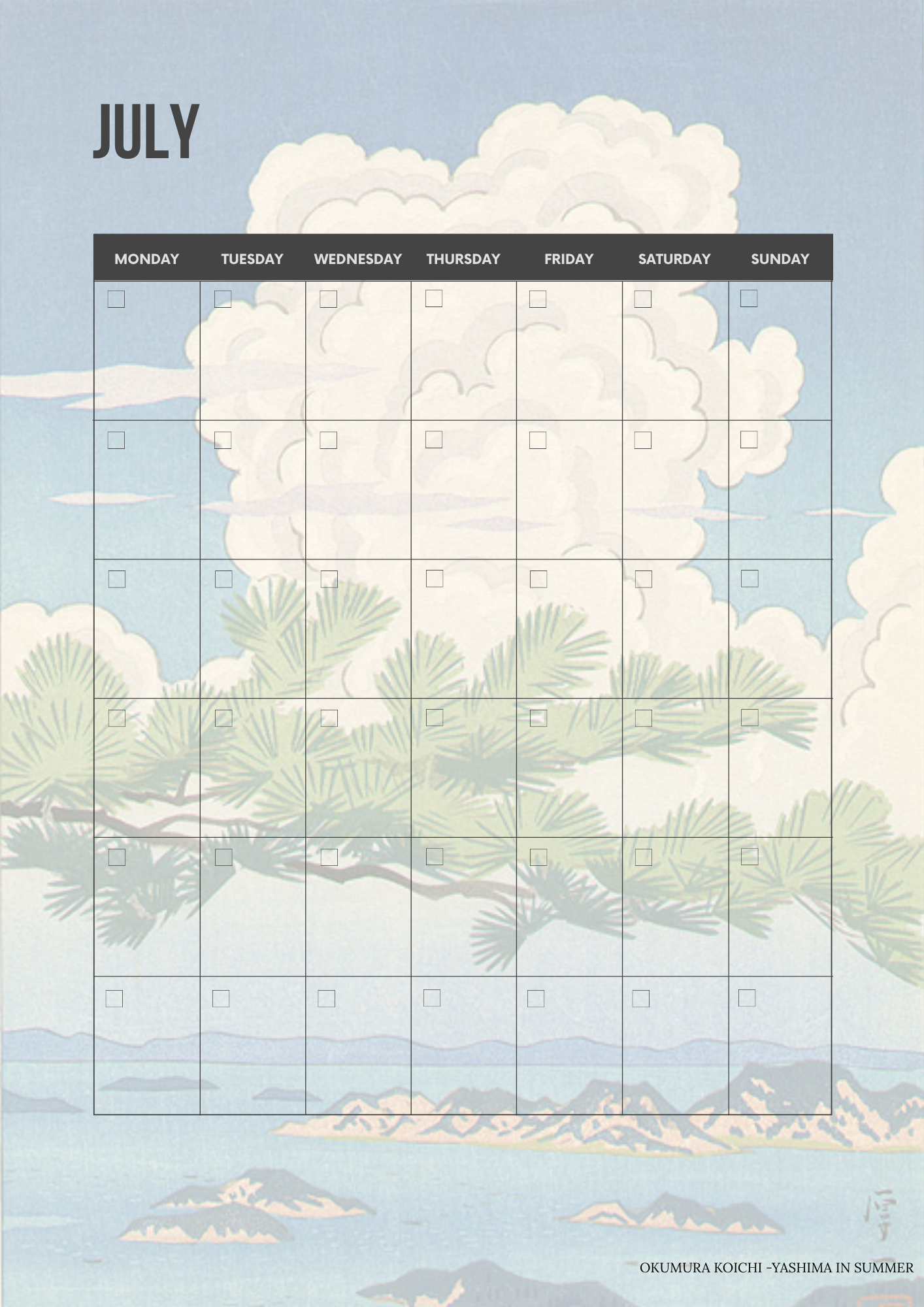 Calendar for July with a scenic design of trees and clouds on a blue background Printable monthly calendar page featuring a classic Ukiyo-e Japanese woodblock print background.