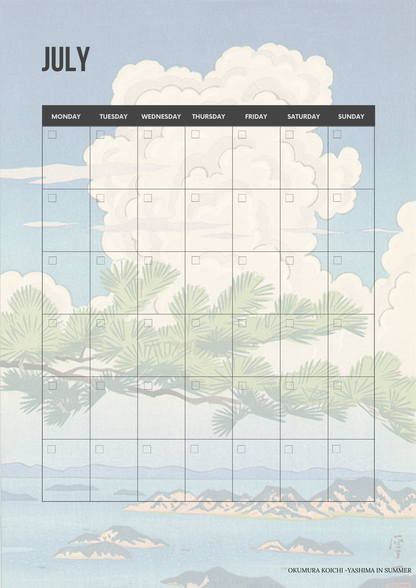 Calendar for July with a scenic design of trees and clouds on a blue background Printable monthly calendar page featuring a classic Ukiyo-e Japanese woodblock print background.