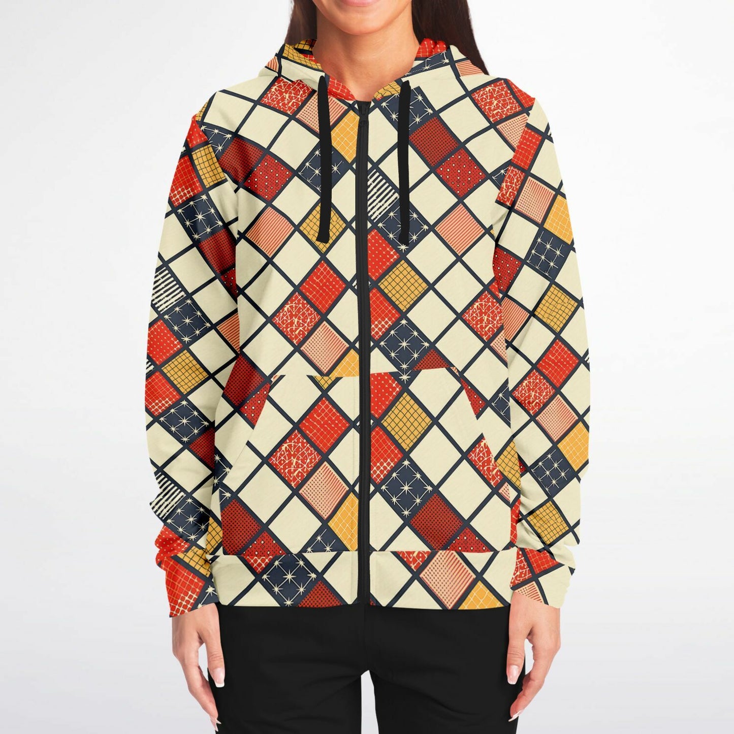 Colorful geometric patterned jacket on a plain background
