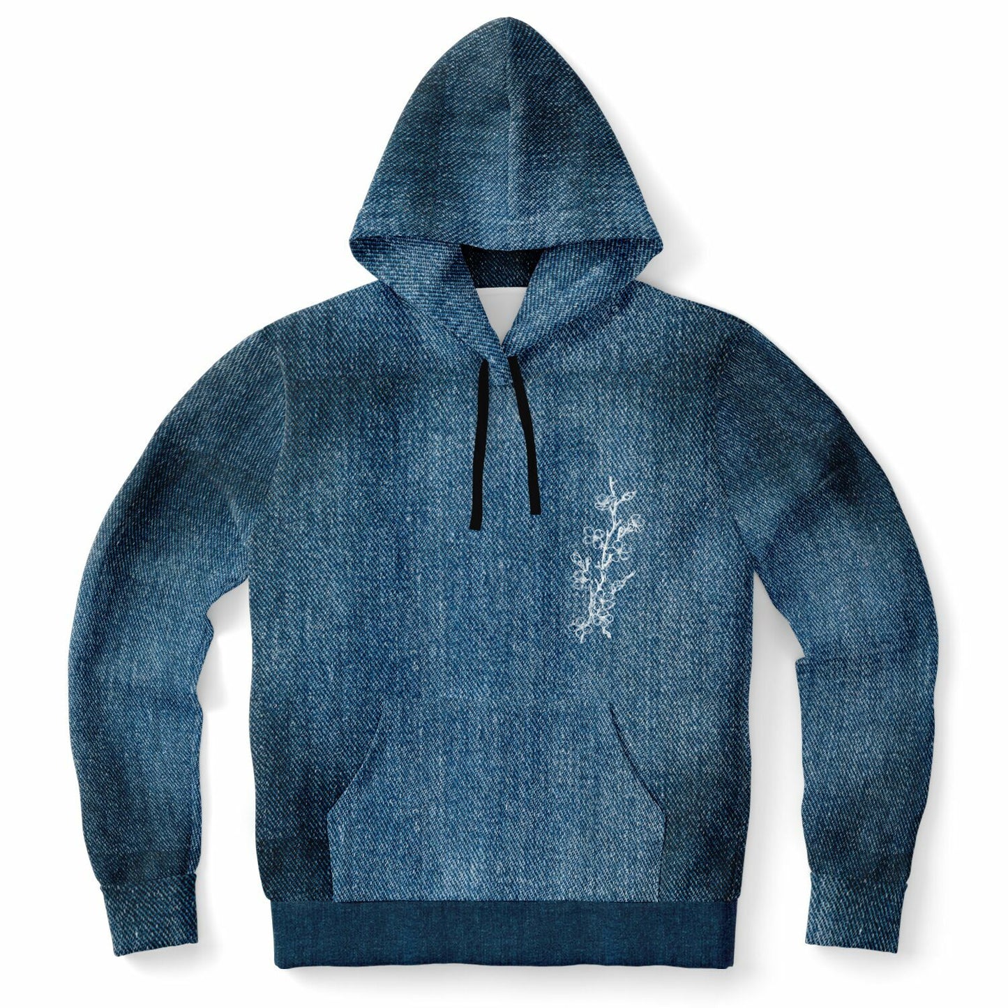 A high-quality hoodie with a realistic indigo denim texture print, featuring a white cherry blossom on the chest and a large rearing Shinme horse on the back.