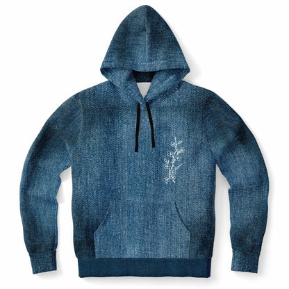 A high-quality hoodie with a realistic indigo denim texture print, featuring a white cherry blossom on the chest and a large rearing Shinme horse on the back.