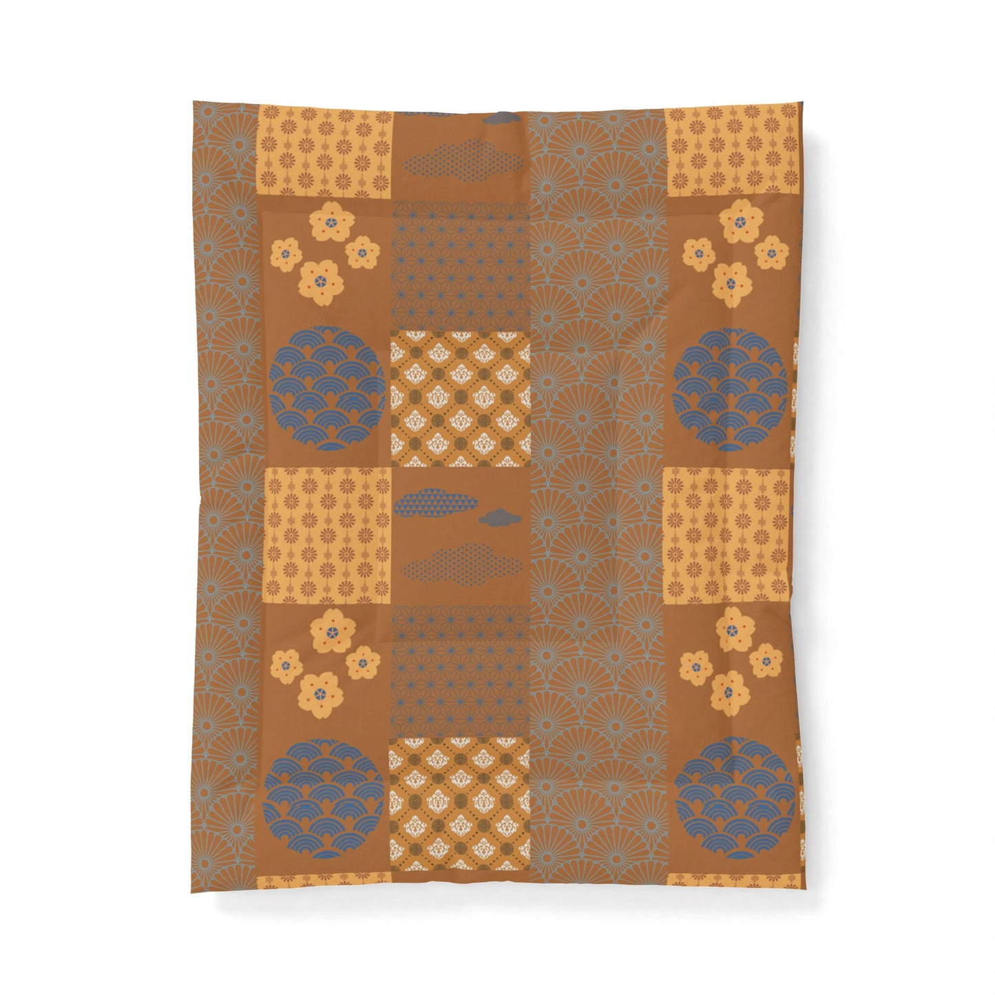 Patterned fabric with geometric shapes and floral elements on a brown background. Heritage Cotton