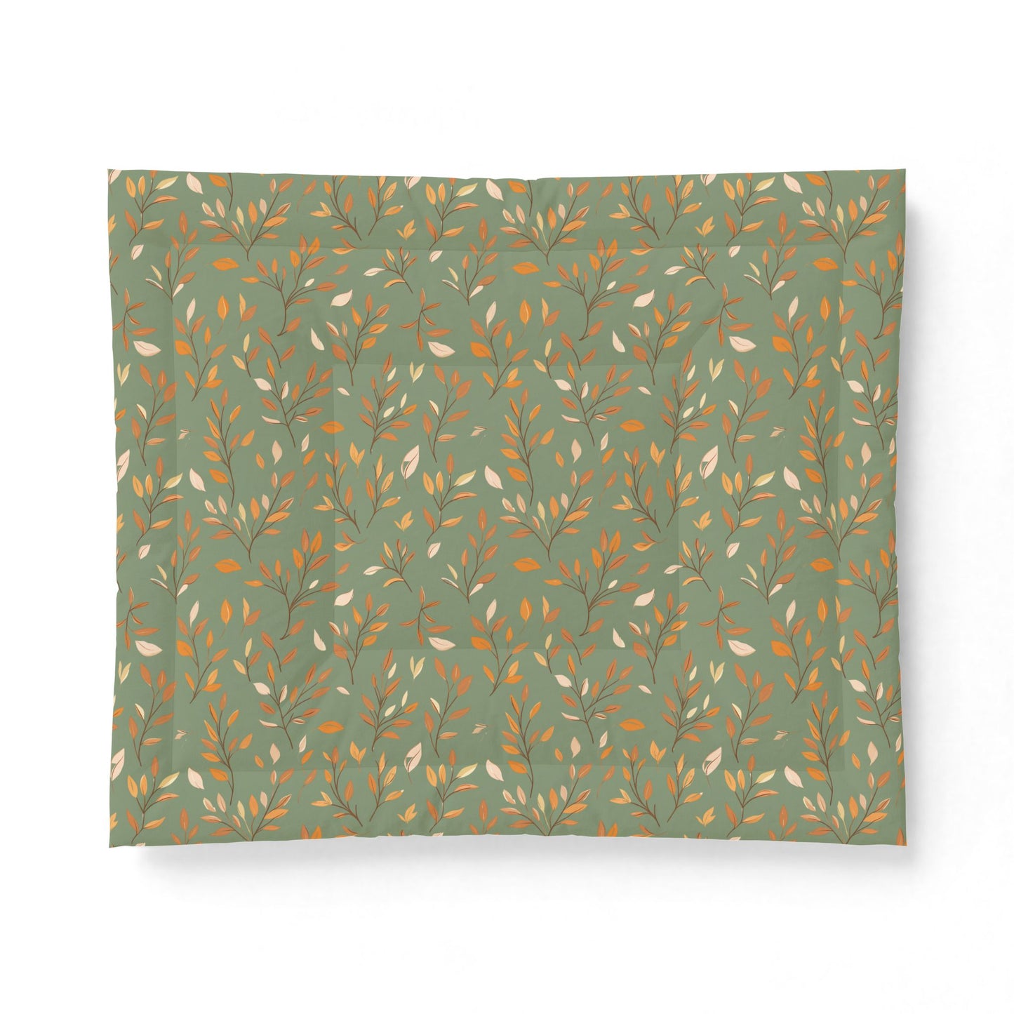 A square fabric item, likely a pillowcase or small blanket, featuring a repeating botanical pattern of delicate branches with small leaves in warm orange, mustard, and cream on a muted sage green background.