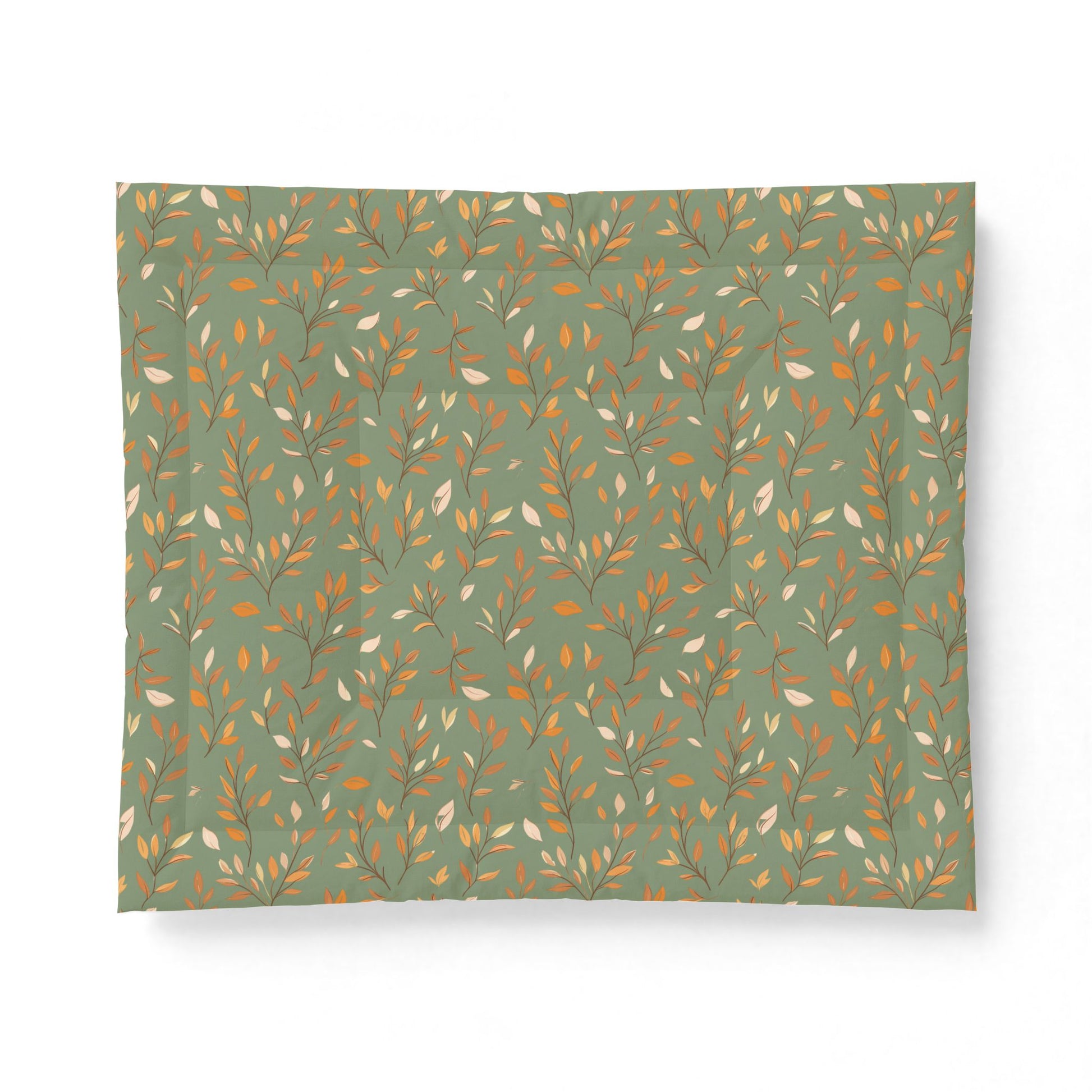A square fabric item, likely a pillowcase or small blanket, featuring a repeating botanical pattern of delicate branches with small leaves in warm orange, mustard, and cream on a muted sage green background.