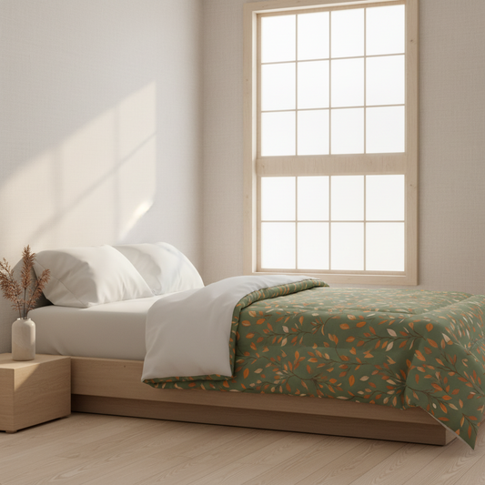 KAITO1977 Japanese Sage Green Autumn 100% cotton comforter featuring traditional botanical foliage patterns with square quilting on a luxury platform bed.
