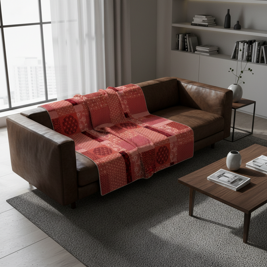 Brown sofa with a red patterned throw blanket in a living room setting.