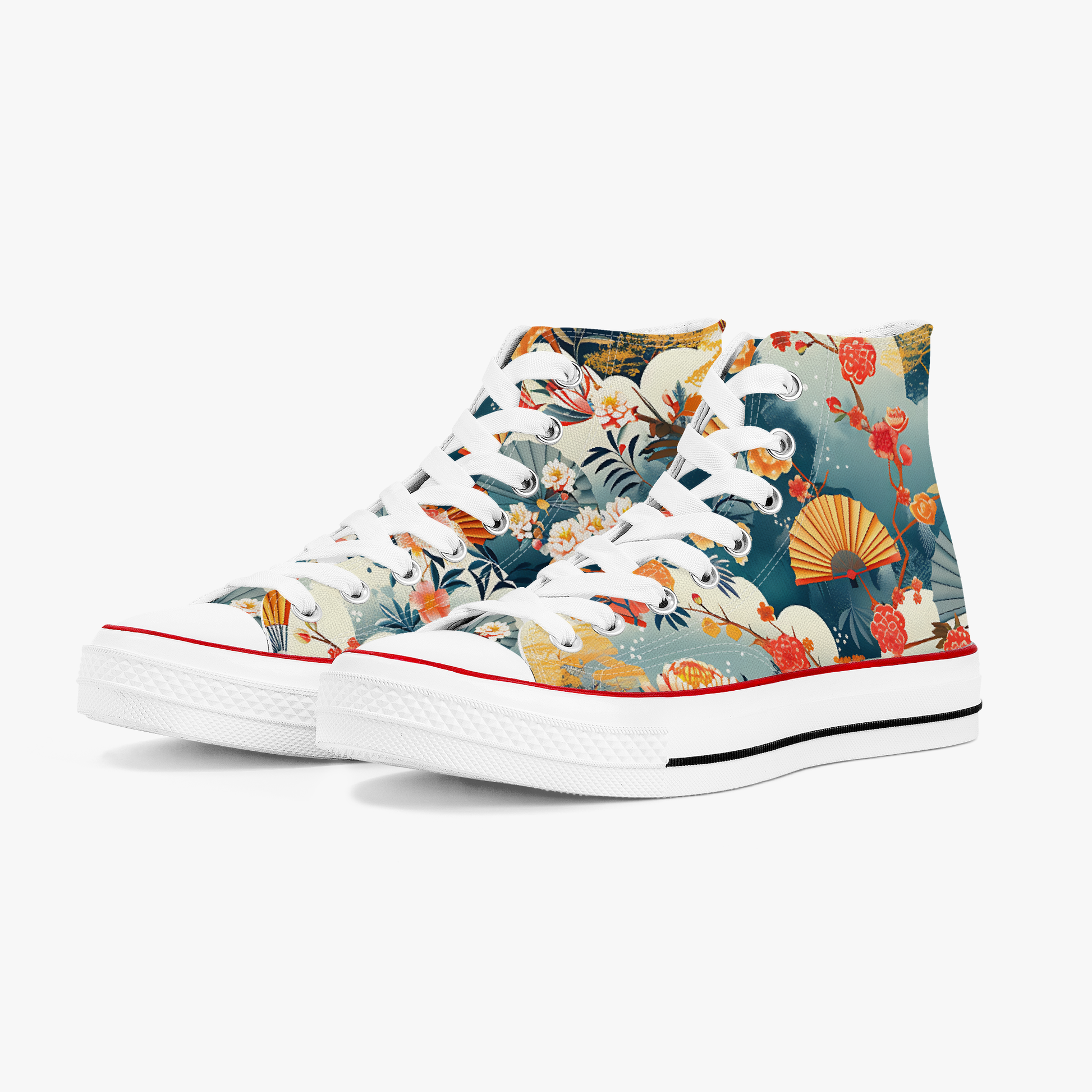 Colorful high-top sneaker with a floral and animal design on a white background