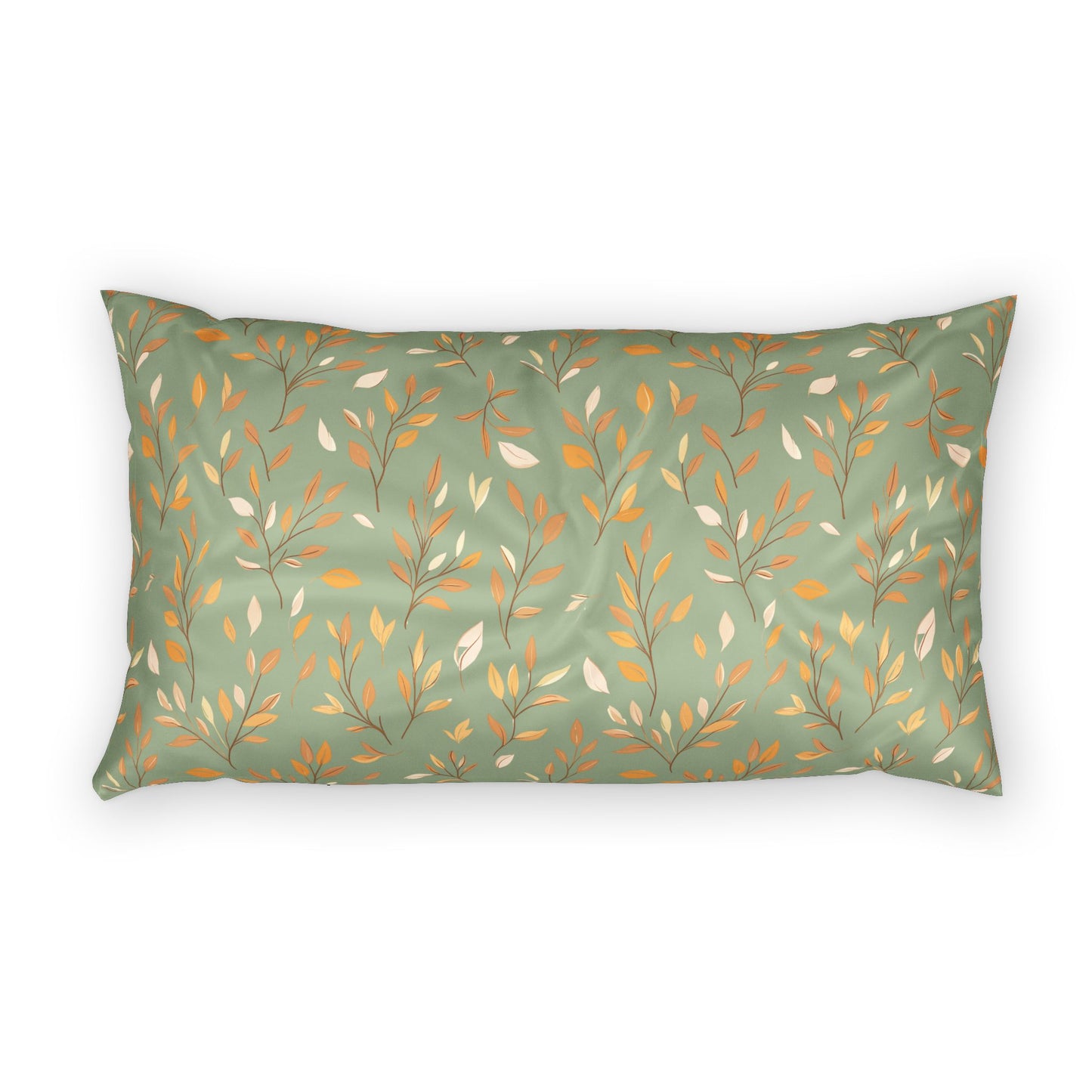A rectangular lumbar pillow with a sage green background and an all-over botanical pattern of thin branches, leaves, and small berries in muted orange, cream, and olive tones, shown on a plain white background.