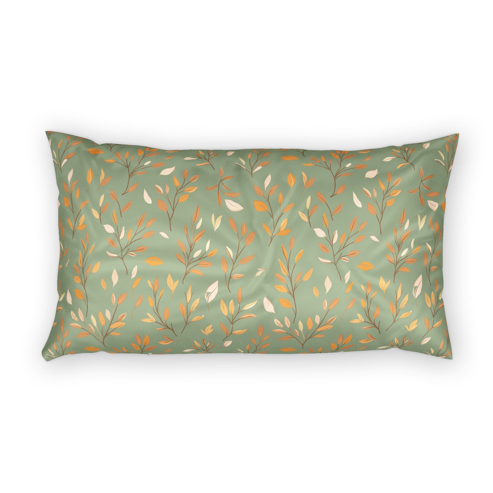 A rectangular lumbar pillow with a sage green background and an all-over botanical pattern of thin branches, leaves, and small berries in muted orange, cream, and olive tones, shown on a plain white background.