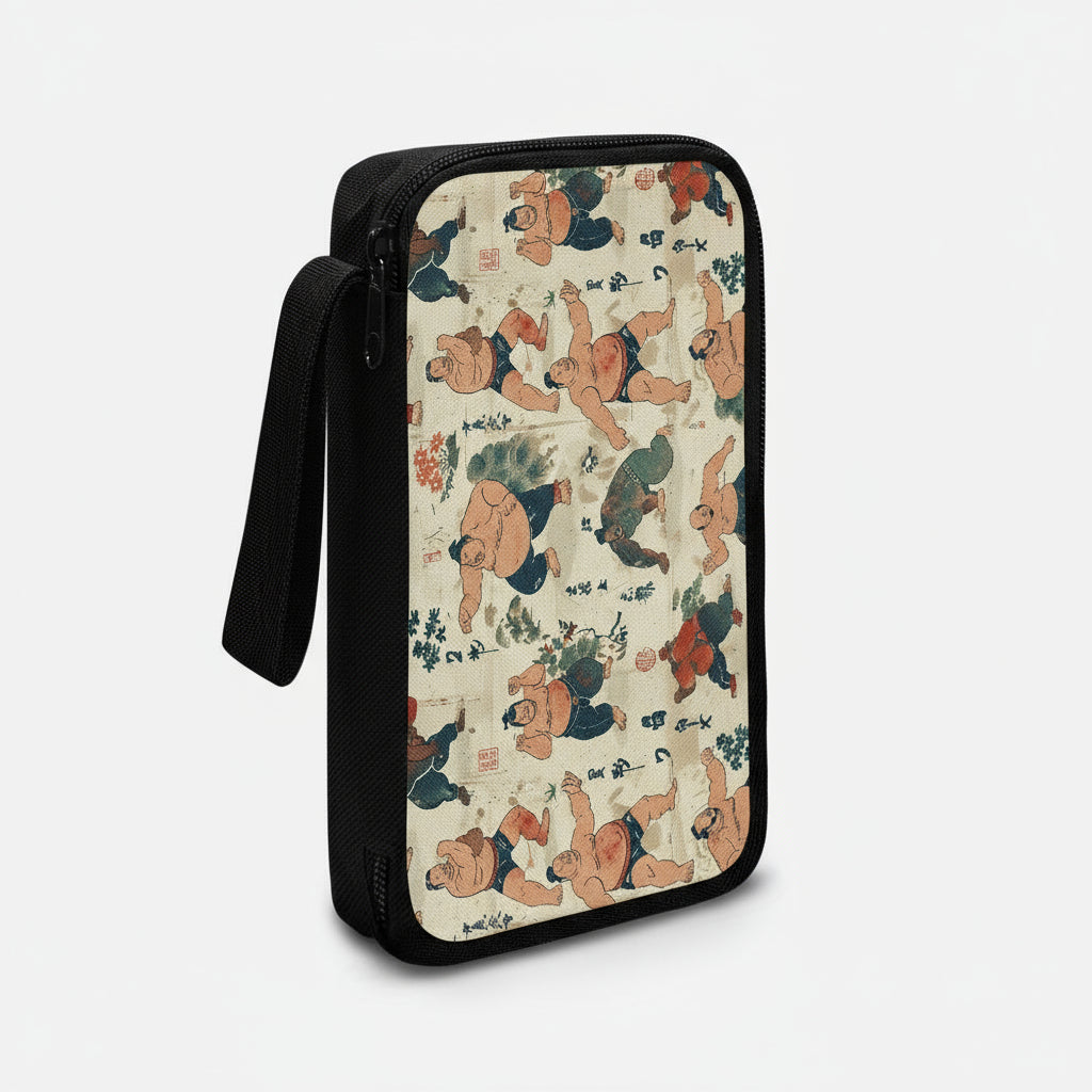 Small zippered tech organizer pouch with vintage Japanese Sumo wrestler art pattern.