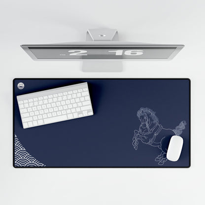 Navy desk mat with horse design, keyboard, and mouse on a white surface