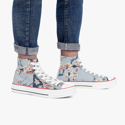 High-top sneakers with floral design on a light blue background