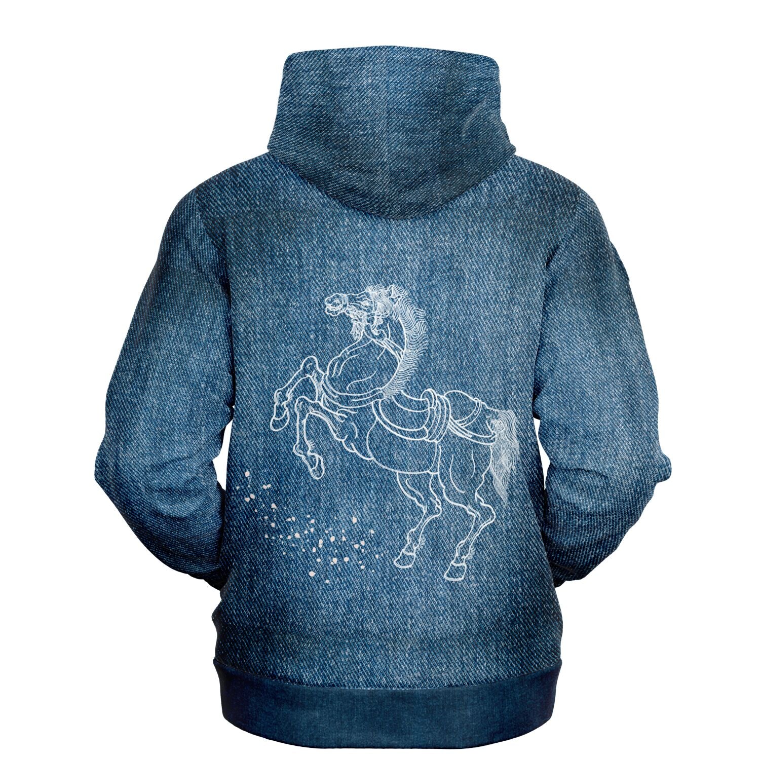 Blue hoodie with a horse design on the back against a white background
