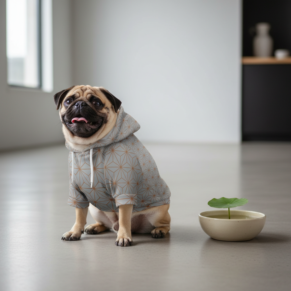 Pug dog wearing a gray hoodie with geometric patterns, sitting on a light-colored floor.
