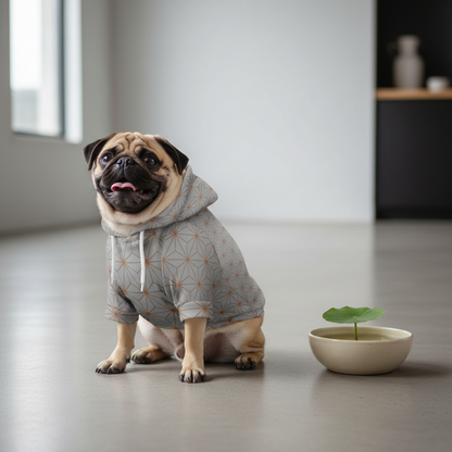 Pug dog wearing a gray hoodie with geometric patterns, sitting on a light-colored floor.
