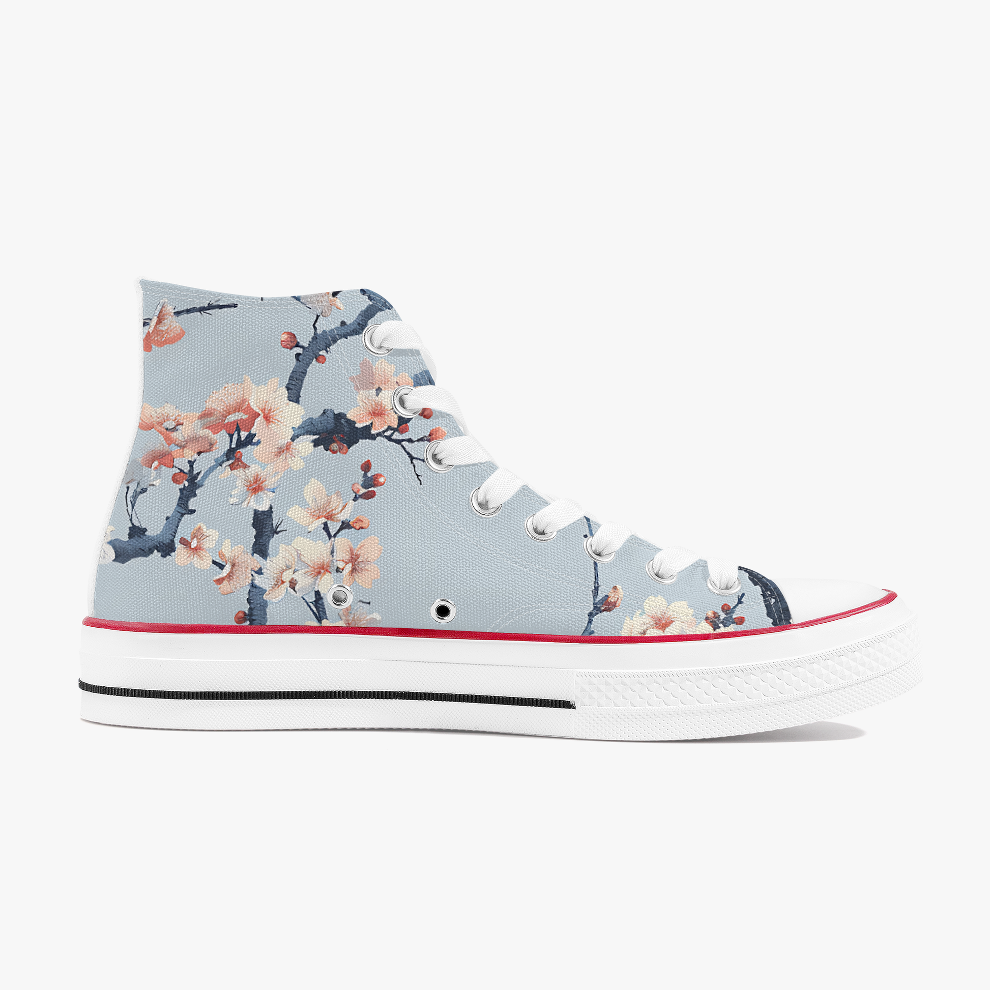 High-top sneakers with floral design on a light blue background