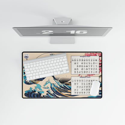 Desk setup with a monitor, keyboard, and mouse pad featuring Japanese text and wave design.