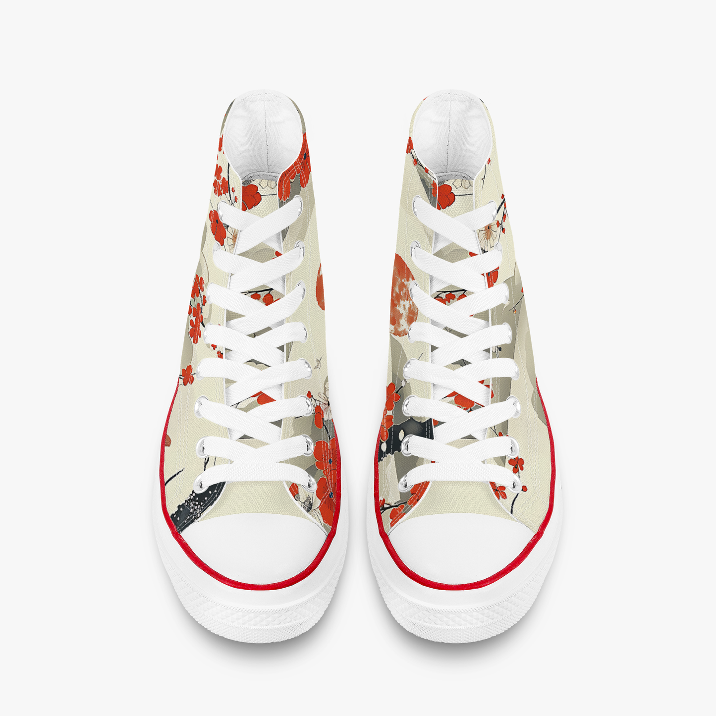 Pair of high-top sneakers with a floral pattern on a white background