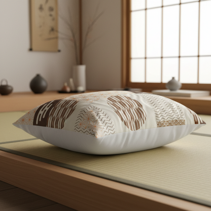 A decorative throw pillow with a Japanese-inspired pattern in brown, beige, and white, resting on a tatami mat in a minimalist, warm-toned room.