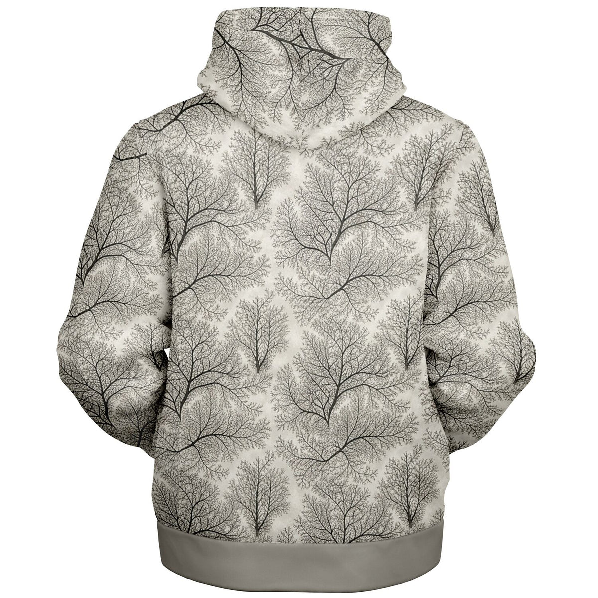 A hooded sweatshirt shown from the back, featuring an all-over black line-art tree branch pattern on a light gray to off-white base. The hoodie has a solid gray ribbed hem and cuffs, and is photographed on a plain white background.