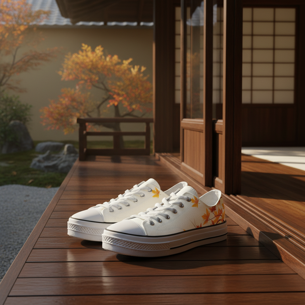 A pair of white low-top canvas sneakers with orange floral patterns on the sides, resting on a wooden deck in front of a traditional Japanese-style building.